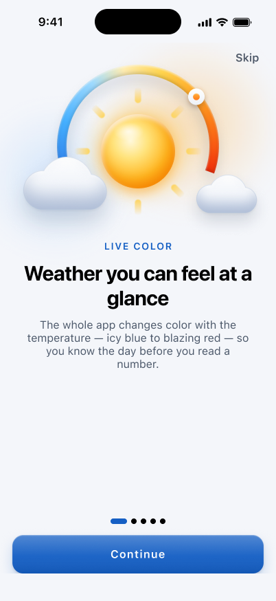 Climate light-mode onboarding illustration explaining temperature-driven live color